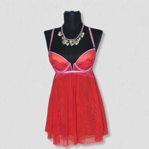 Auden Intimates Babydoll Lingerie Underwire Padded Sheer Lace Mesh Red/Pink Sz S